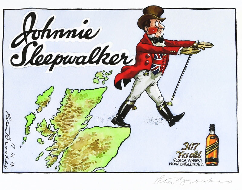 PETER BROOKES, 'JOHNNIE SLEEPWALKER', SATIRICAL CARTOON COLOUR PRINT, SIGNED