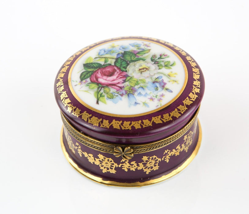 LIMOGES FRANCE BURGANDY GOLD TRIM FLORAL ROUND ENAMEL TRINKET PILL JEWELLERY BOX