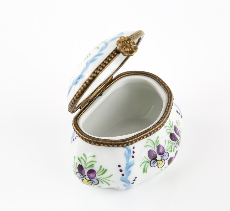 LIMOGES, FRANCE BLUE AND PURPLE FLORAL DRESSER ENAMEL TRINKET PILL JEWELLERY BOX