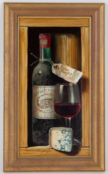 RAYMOND CAMPBELL, FINE WINE AND CHEESE, STILL LIFE, OIL PAINTING, SIGNED
