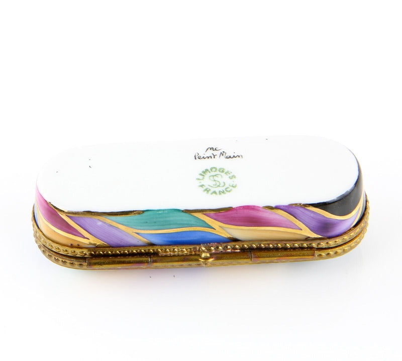 LIMOGES, FRANCE PEINT MAIN RETRO COLOURFUL PATTERN ENAMEL TRINKET PILL JEWELLERY