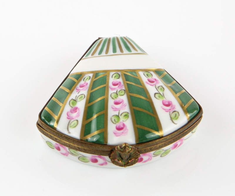 LIMOGES, FRANCE GREEN AND PINK FLORAL FAN SHELL SHAPE ENAMEL TRINKET PILL BOX