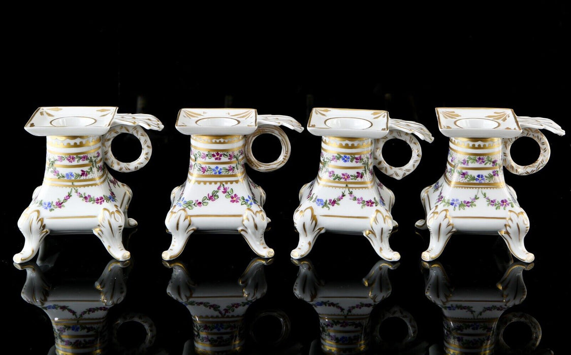 SET OF 4 DRESDEN FLORAL CERAMIC SQUARE HANDLED FOOTED CANDLESTICK HOLDERS