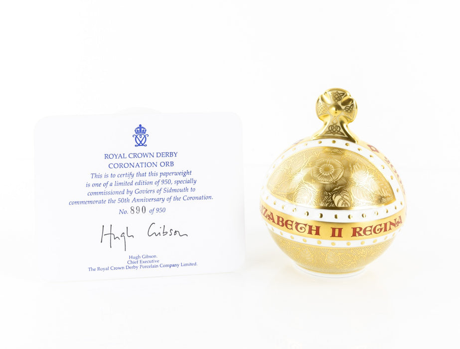 ROYAL CROWN DERBY - ERII QUEEN 50TH ANNIVERSARY OF CORONATION ORB PAPERWEIGHT