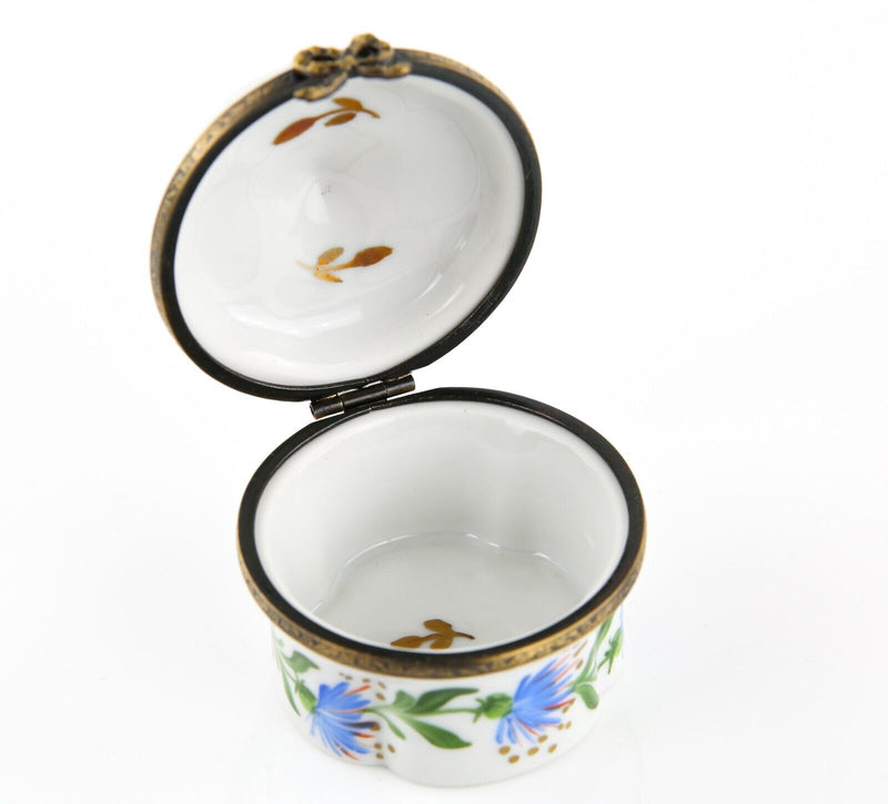 LIMOGES, FRANCE BLUE FLORAL, POINTED LID, ENAMEL TRINKET PILL JEWELLERY BOX