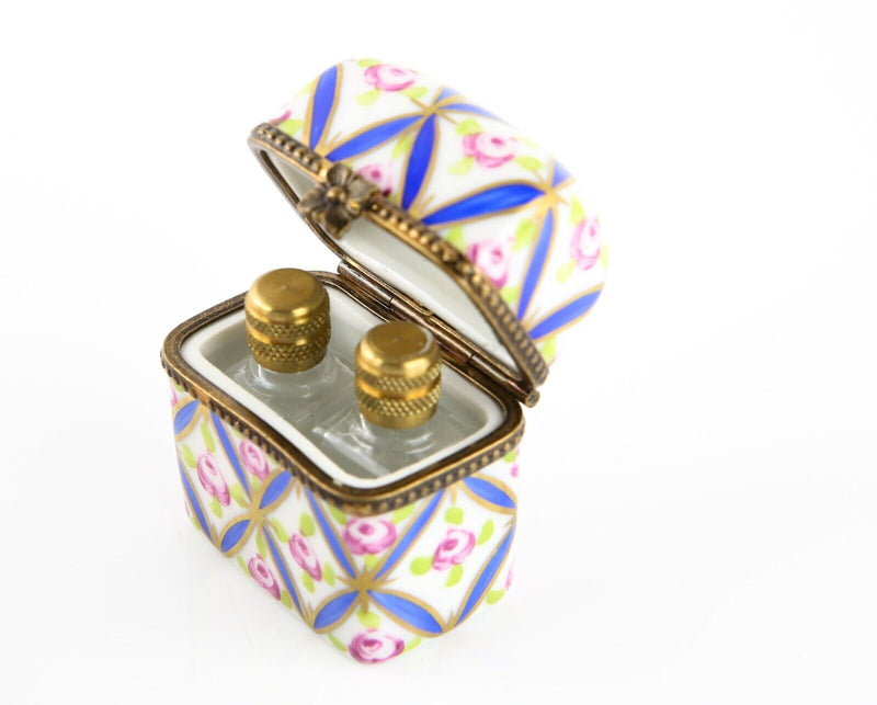 LIMOGES, FRANCE BLUE FLORAL PERFUME BOTTLES TRUNK ENAMEL TRINKET PILL BOX