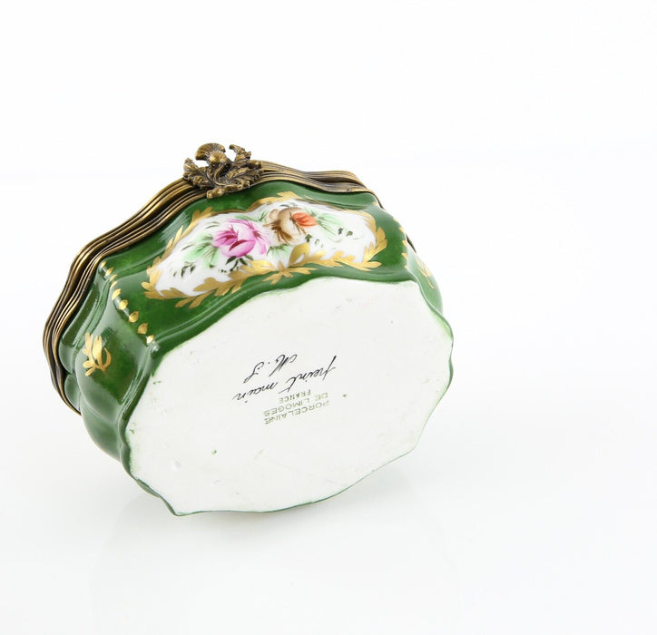 LIMOGES, FRANCE GREEN FLORAL CERAMIC LIDDED PILL TRINKET BOX