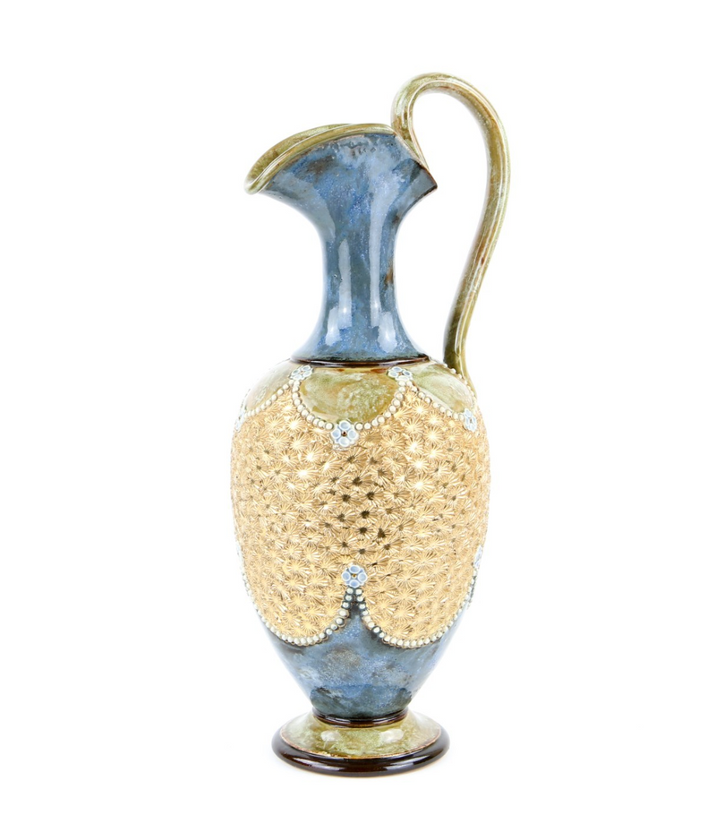 DOULTON LAMBETH - LARGE BLUE/GREEN GILT FLORAL BEADED STONEWARE EWER JUG 8293