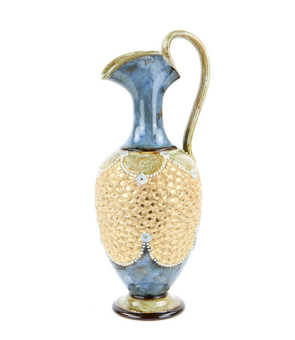 DOULTON LAMBETH - LARGE BLUE/GREEN GILT FLORAL BEADED STONEWARE EWER JUG 8293