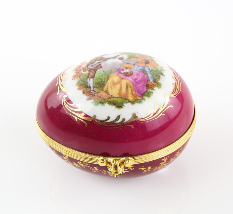 LIMOGES, FRANCE BURGANDY MUSICAL SCENE FRAGONARD EGG ENAMEL TRINKET PILL BOX