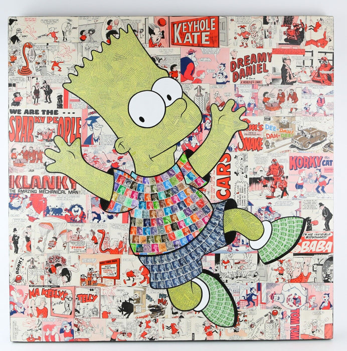 BART SIMPSON - ROBIN COLEMAN ORIGINAL STAMP BEANO DANDY COMIC COLLAGE PAINTING