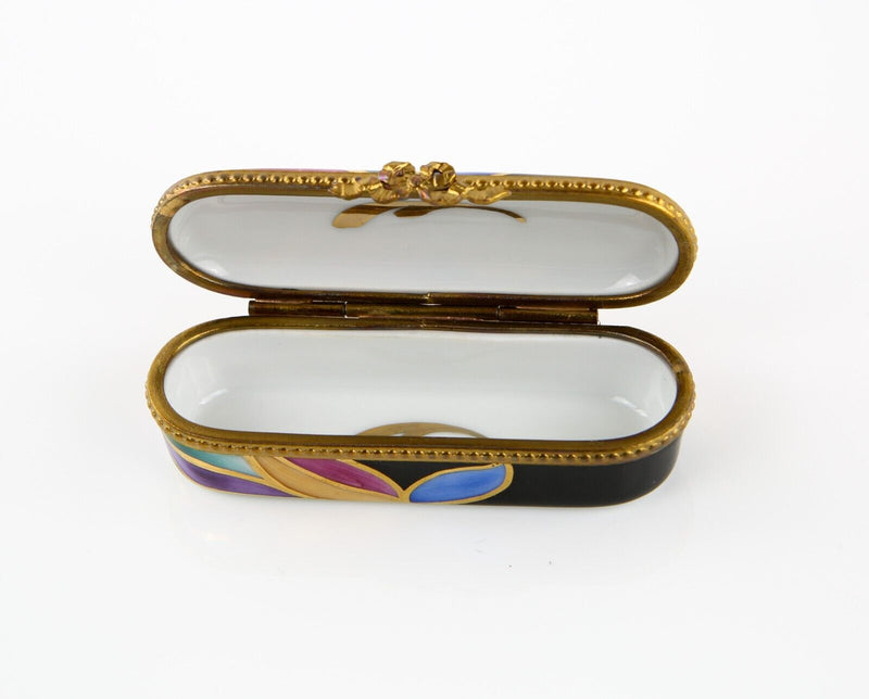 LIMOGES, FRANCE PEINT MAIN RETRO COLOURFUL PATTERN ENAMEL TRINKET PILL JEWELLERY