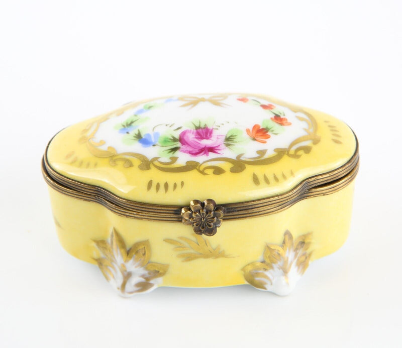 LIMOGES, FRANCE YELLOW FOOTED FLORAL CHEST ENAMEL TRINKET PILL JEWELLERY BOX