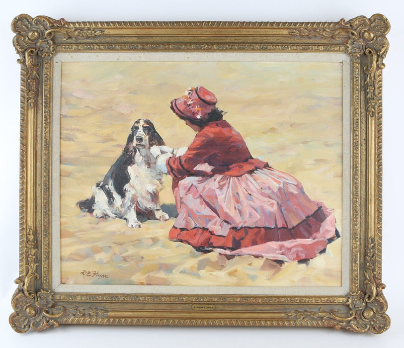 DIANNE E FLYNN, WOMAN AND SPANIEL ON BEACH STUDY, ORIGINAL OIL PAINTING, SIGNED