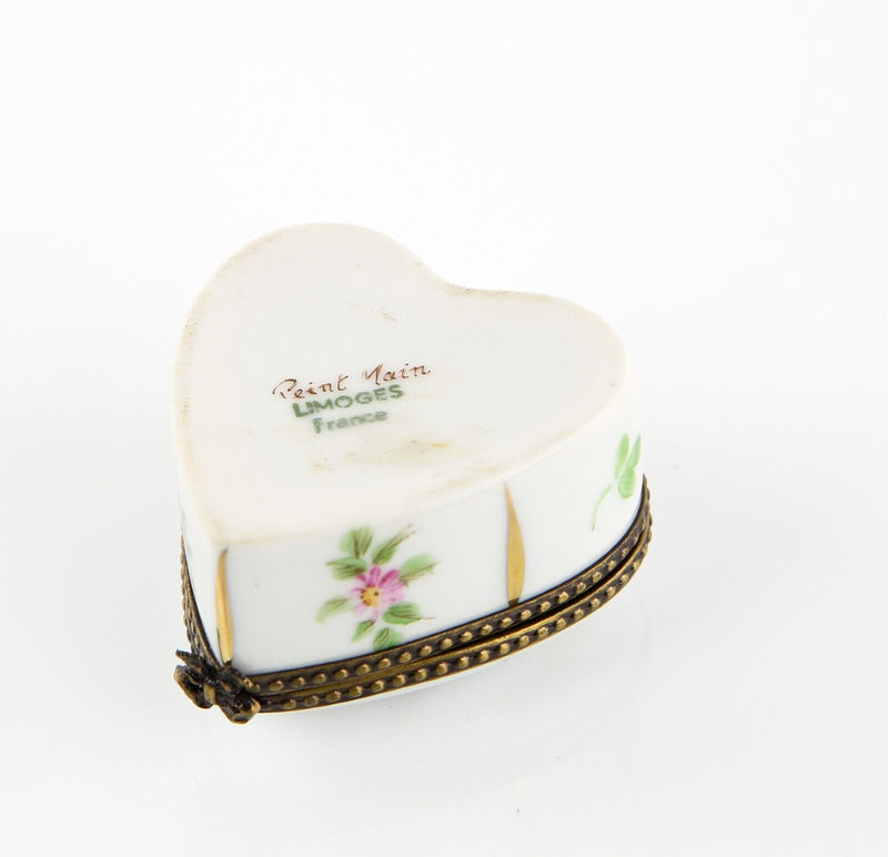 LIMOGES, FRANCE FLORAL GOLD STRIPE HEART ENAMEL TRINKET PILL JEWELLERY BOX