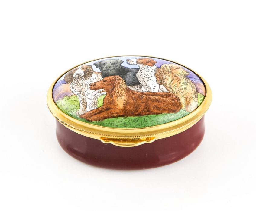 STAFFORDSHIRE FIVE DOGS OVAL SHAPE ENAMEL TRINKET PILL JEWELLERY BOX