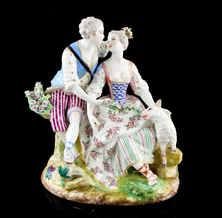 LOVING COUPLE - ANTIQUE CONTINENTAL PARIS PORCELAIN GROUP FIGURE MEISSEN CROSS