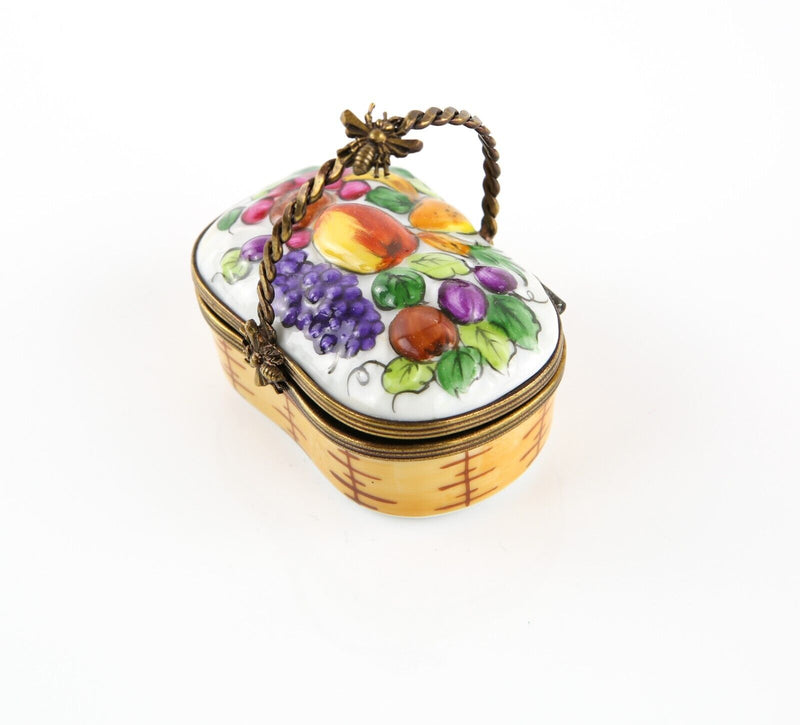 LIMOGES, FRANCE FRUIT PICNIC BASKET ENAMEL TRINKET PILL JEWELLERY BOX