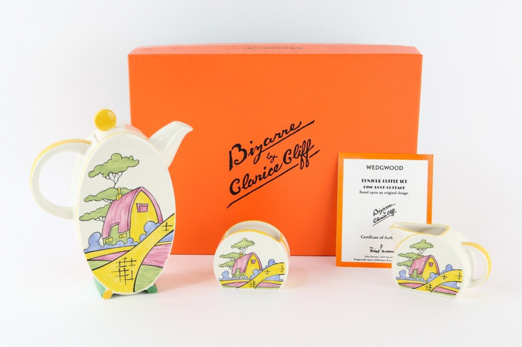 CLARICE CLIFF BY WEDGWOOD 'PINK ROOF COTTAGE' BONJOUR COFFEE SET, BOXED & COA