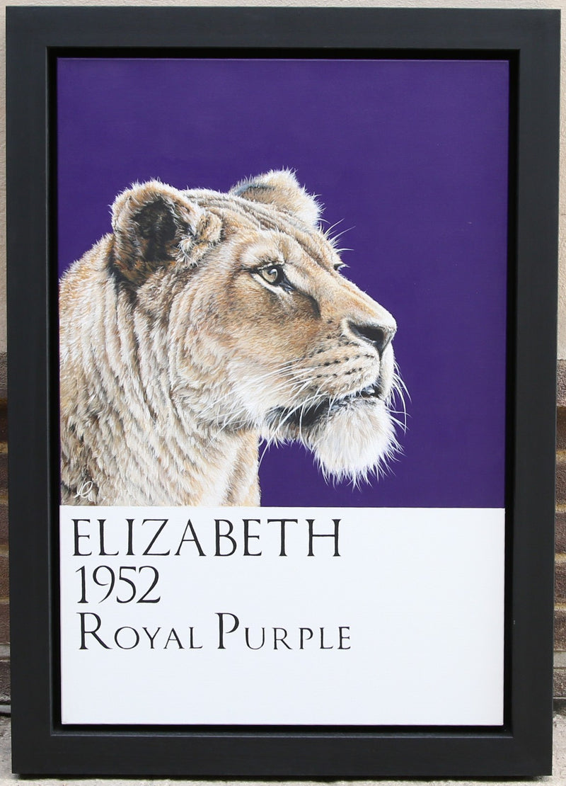 HAYLEY GOODHEAD, 'ELIZABETH', LION LIONESS, LARGE ORIGINAL OIL PAINTING