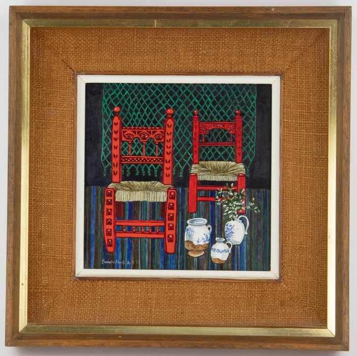 BRENDA KING, 'MAJORCAN CHAIRS', 1976, INTERIOR STILL LIFE OIL PAINTING, SIGNED
