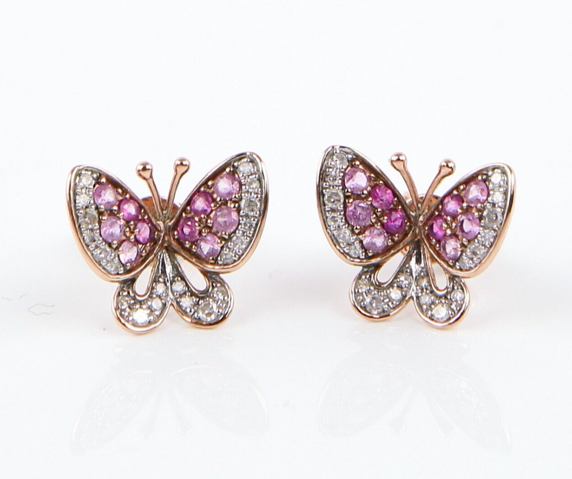 9ct ROSE GOLD & PINK/WHITE STONE BUTTERFLY STUD EARRINGS, HALLMARKED, 1.8g