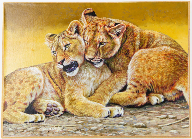 STEPHEN GAYFORD, 'PLAYTIME', LION CUBS, ORIGINAL ACRYLIC PAINTING, SIGNED