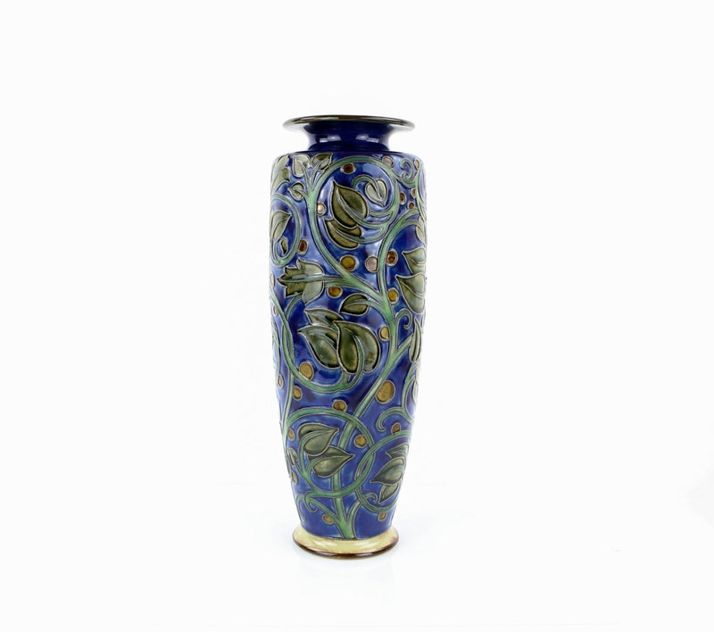 HARRY SIMEON, ROYAL DOULTON, LARGE GREEN/BLUE FOLIATE SLENDER STONEWARE VASE 417