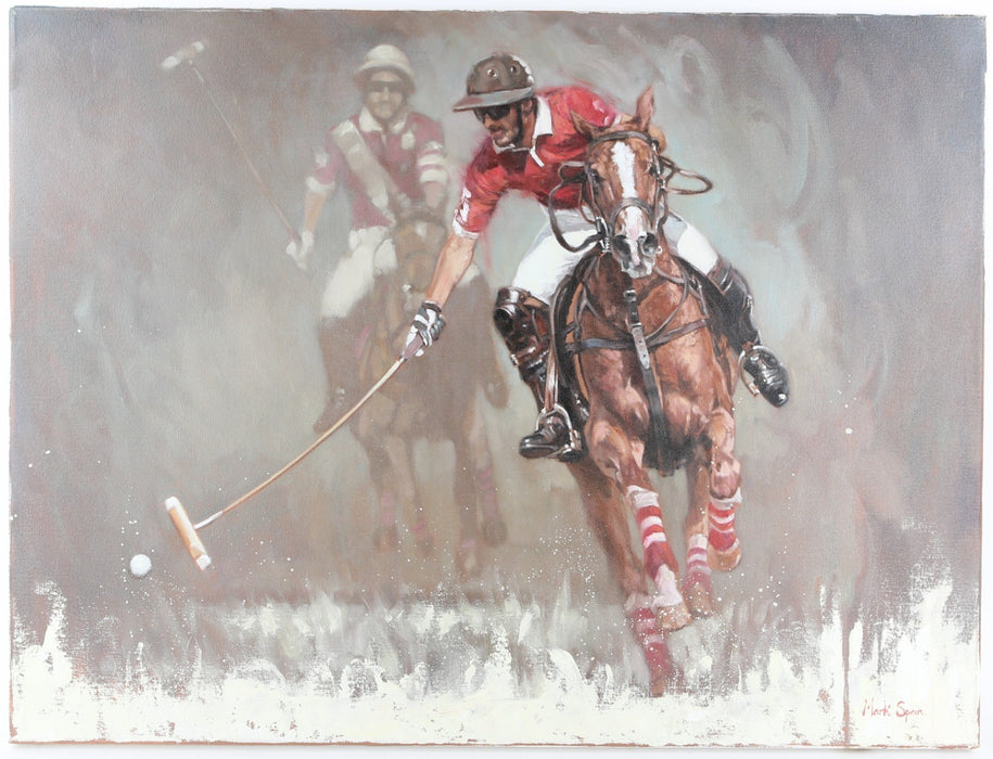 MARK SPAIN, 'POLO WITH TWO PLAYERS', HORSES, LARGE ORIGINAL OIL PAINTING, SIGNED