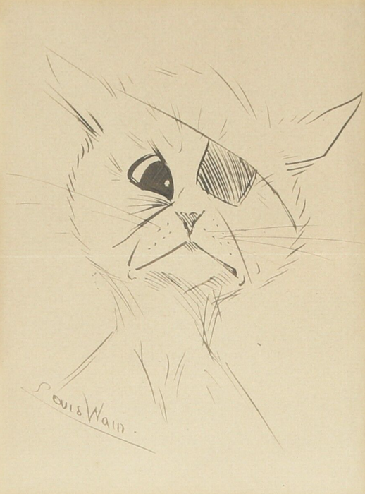 LOUIS WAIN 'AFTER A NIGHT OUT' CAT STUDY ORIGINAL PEN INK SKETCH DRAWING, SIGNED