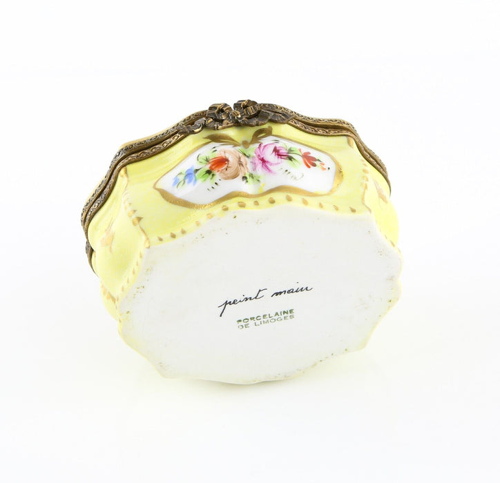 LIMOGES, FRANCE YELLOW FLORAL CERAMIC LIDDED PILL TRINKET BOX