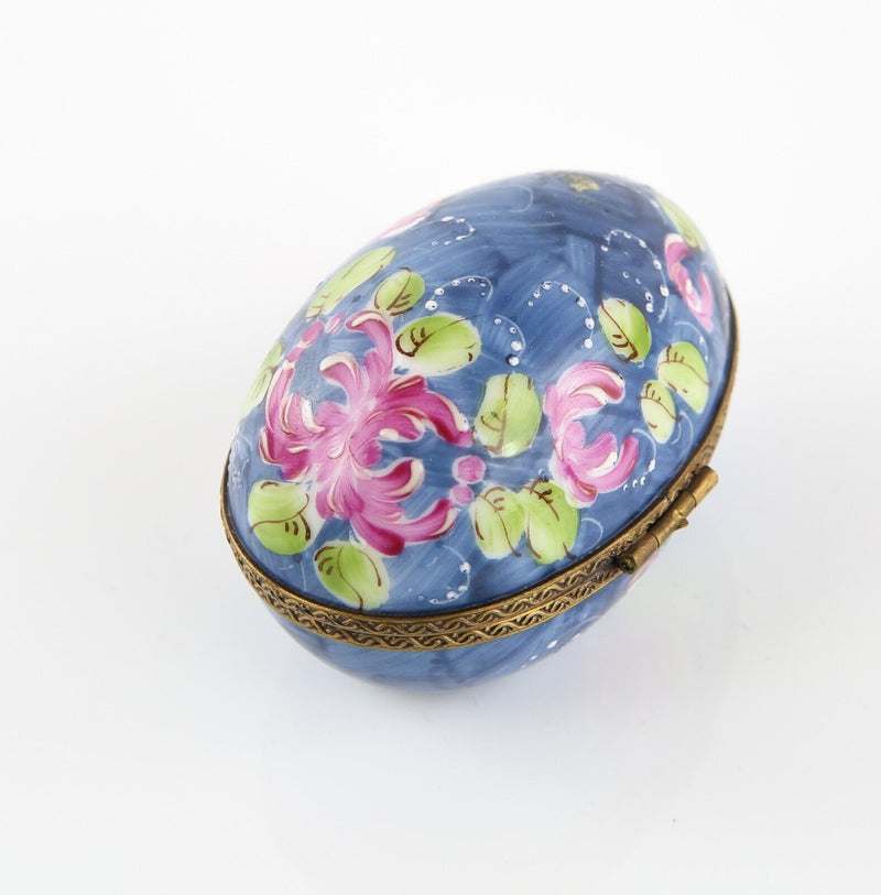 LIMOGES, FRANCE BLUE AND PINK FLORAL EGG ENAMEL TRINKET PILL JEWELLERY BOX