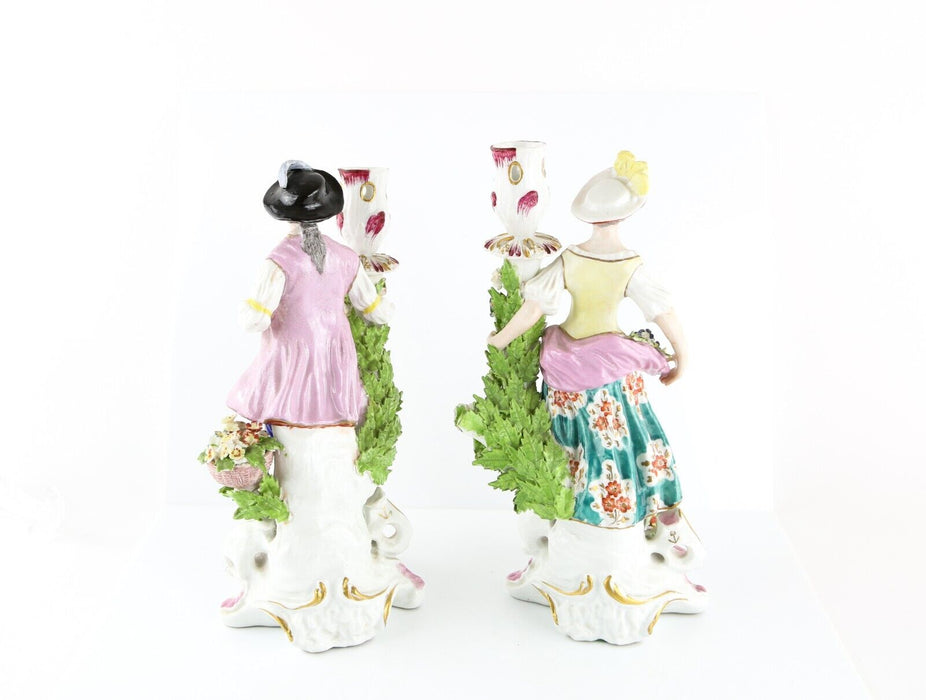 PAIR OF 18TH CENTURY CHELSEA PORCELAIN COUPLE FIGURES FLORAL CANDLESTICK HOLDERS