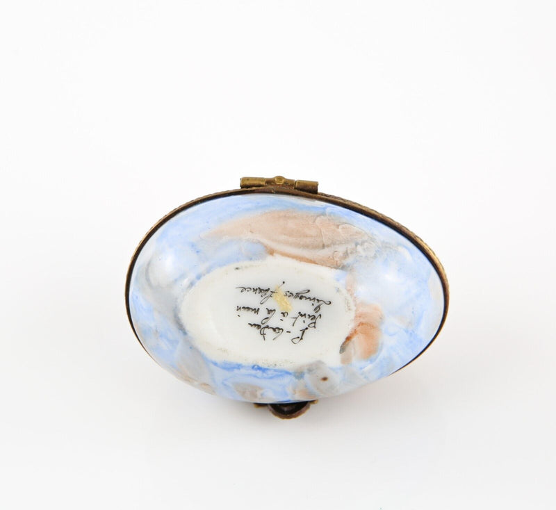 LIMOGES, FRANCE BLUE AND YELLOW FLORAL EGG ENAMEL TRINKET PILL JEWELLERY BOX