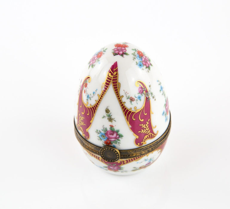 LIMOGES, FRANCE BURGUNDY AND FLORAL EGG ENAMEL TRINKET PILL JEWELLERY BOX