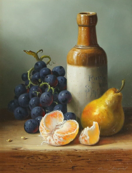 BRIAN DAVIES, STILL LIFE WITH BOTTLE AND FRUIT, ORIGINAL OIL PAINTING, SIGNED