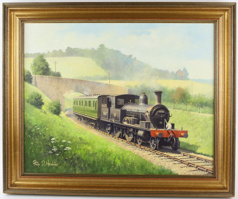 PHILIP D HAWKINS 'LYME REGIS BOUND' LOCOMOTIVE TRAIN, LARGE OIL PAINTING, SIGNED