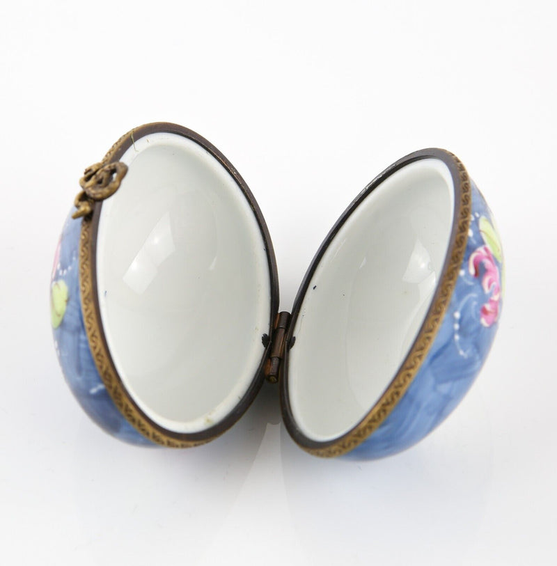 LIMOGES, FRANCE BLUE AND PINK FLORAL EGG ENAMEL TRINKET PILL JEWELLERY BOX