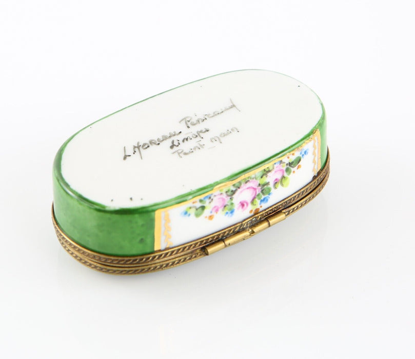 LIMOGES, FRANCE BLACK AND GREEN FLORAL OVAL ENAMEL TRINKET PILL JEWELLERY BOX