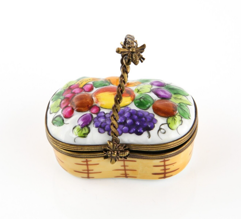 LIMOGES, FRANCE FRUIT PICNIC BASKET ENAMEL TRINKET PILL JEWELLERY BOX