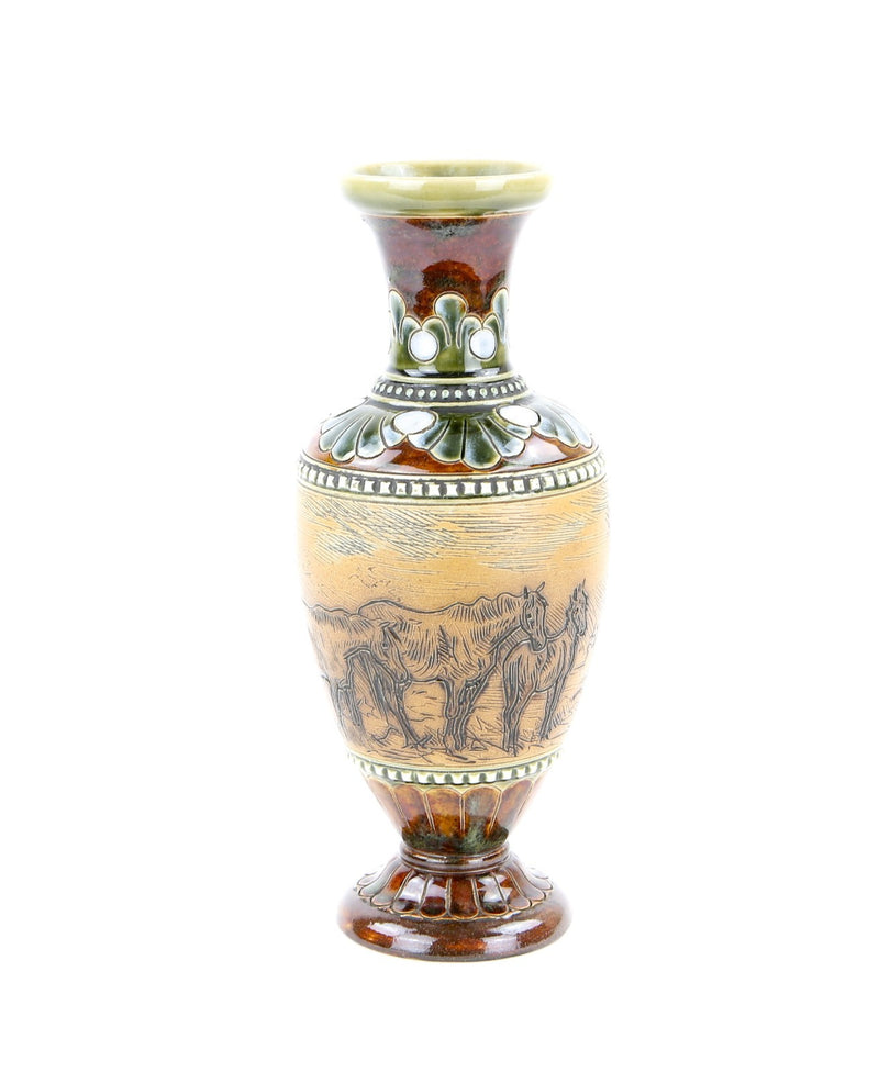 HANNAH BARLOW, DOULTON LAMBETH - HORSES & COWS GRAZING, STONEWARE BALUSTER VASE