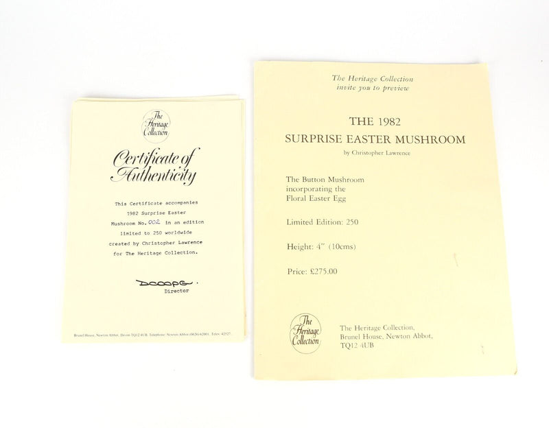 CHRISTOPHER NIGEL LAWRENCE - EASTER 1982 LIMITED EDITION SURPRISE MUSHROOM & COA