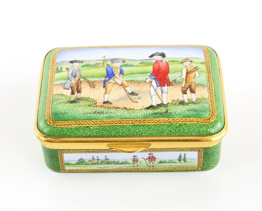 STAFFORDSHIRE ADMIRALS GOLFING SCENE RECTANGULAR ENAMEL TRINKET PILL BOX