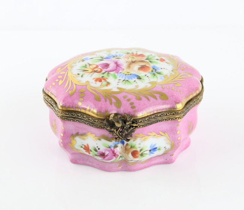 LIMOGES, FRANCE PINK FLORAL CERAMIC LIDDED PILL TRINKET BOX