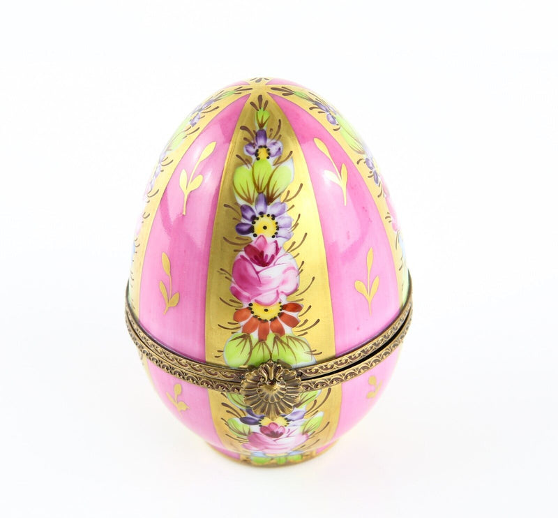 LIMOGES, FRANCE PINK AND GOLD STRIPE FLORAL EGG SHAPED PILL TRINKET BOX