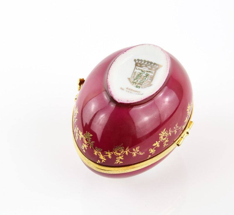 LIMOGES, FRANCE BURGANDY MUSICAL SCENE FRAGONARD EGG ENAMEL TRINKET PILL BOX