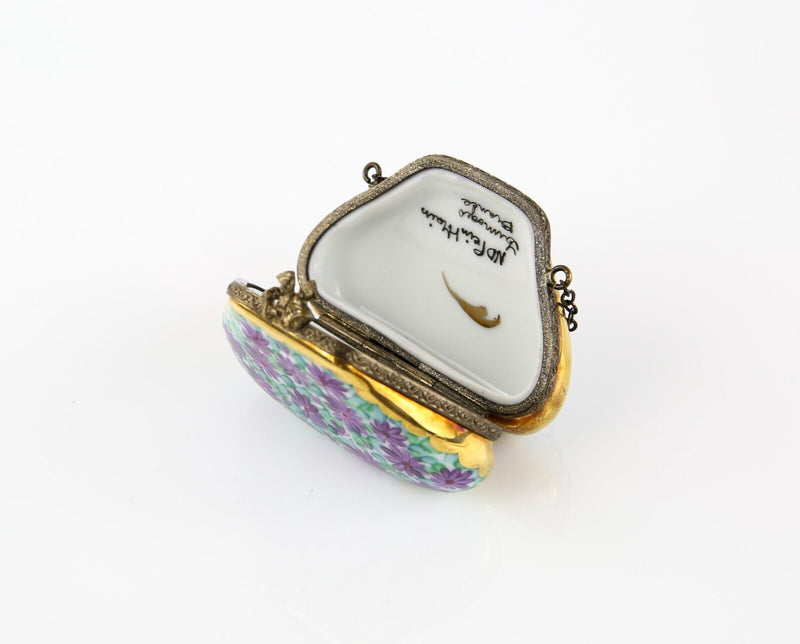 LIMOGES, FRANCE PURPLE FLORAL HANDBAG PURSE ENAMEL TRINKET PILL JEWELLERY BOX