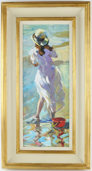 SHERREE VALENTINE DAINES - GIRL ON BEACH WITH RED BUCKET, ORIGINAL OIL PAINTING