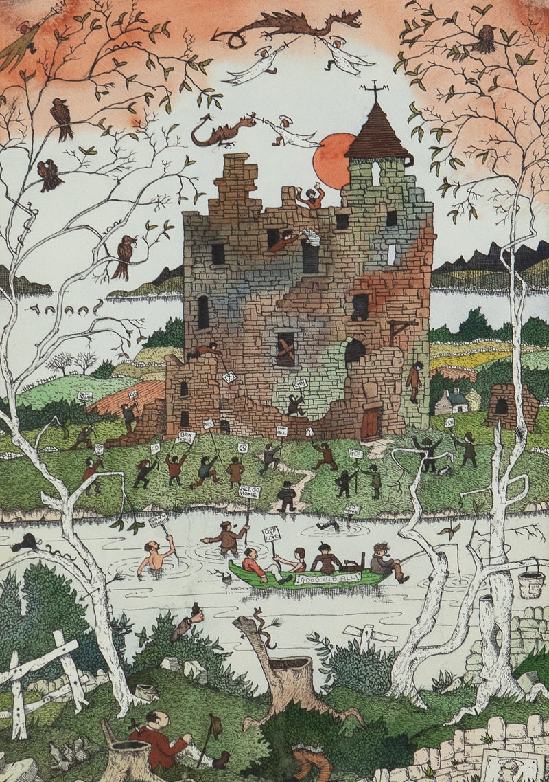 MURRAY MACPHERSON TOD, 'ANCIENT CASTLE', ORIGINAL INK & WATERCOLOUR PAINTING