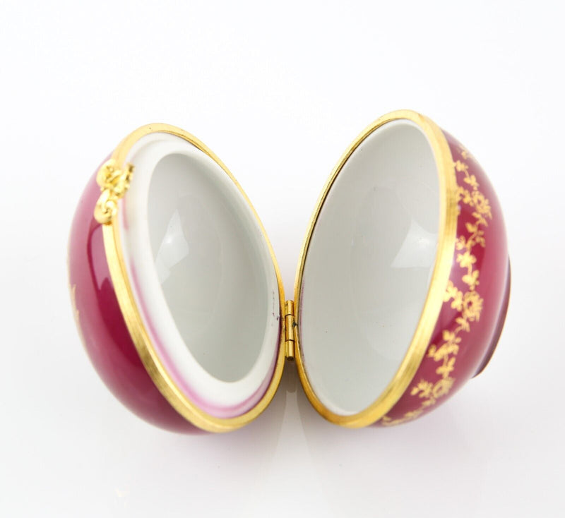 LIMOGES, FRANCE BURGANDY MUSICAL SCENE FRAGONARD EGG ENAMEL TRINKET PILL BOX